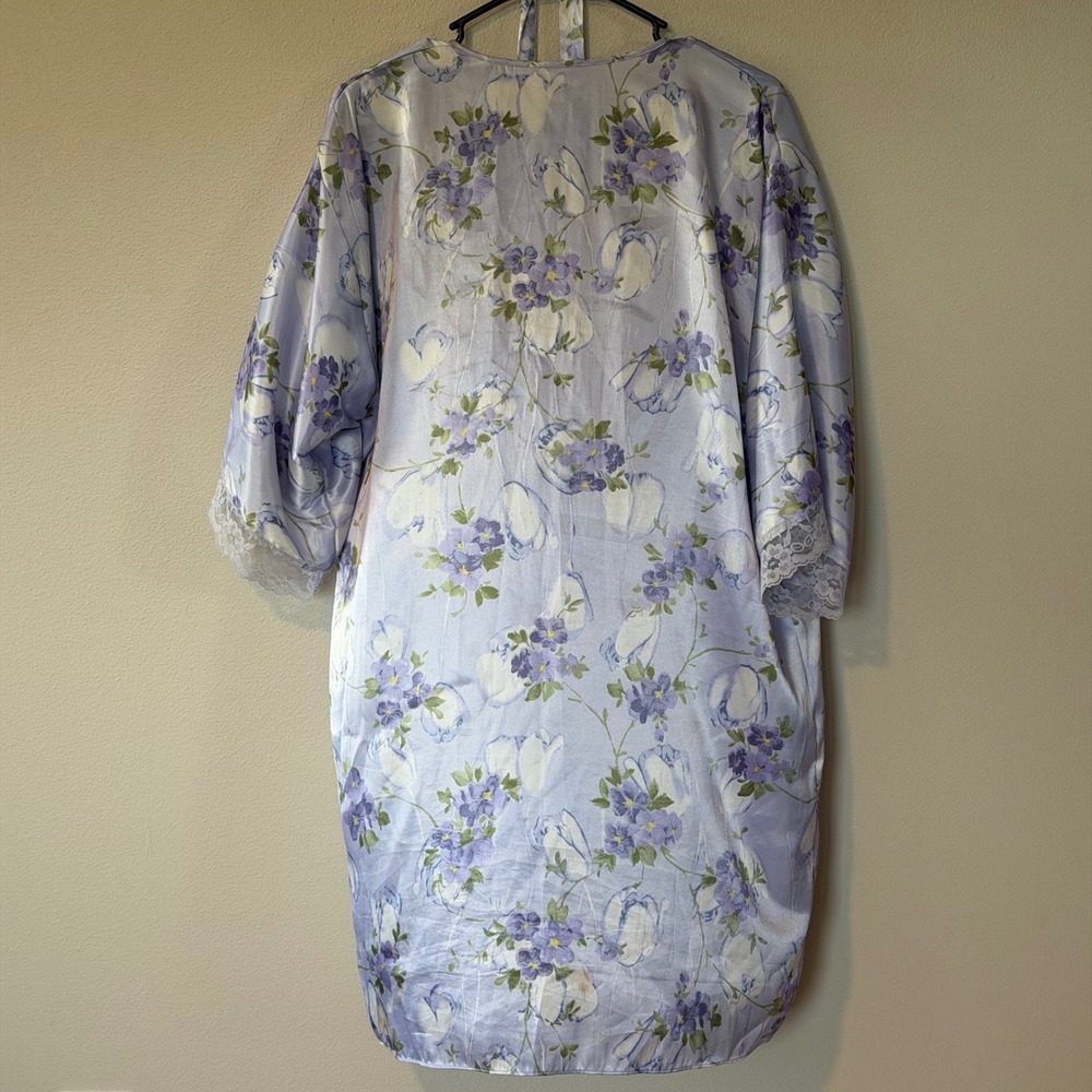 Vintage Gilligan O'Malley Floral Satin Robe Chemise Set Lilac Nightgown Medium - Picture 5 of 9